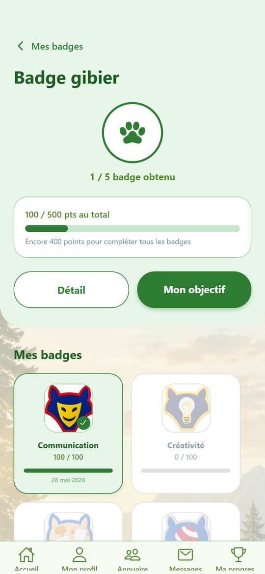 Les badges de gibier, avec l'objectif que le jeune s'est fixé